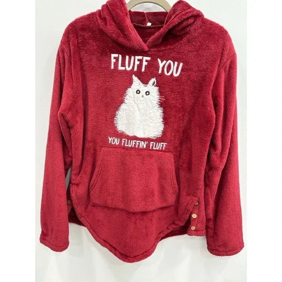Red Fuzzy Hoodie Whiskers Sweatshirt "Fluff You" Cat Graphic Cozy M Cat Lady - Picture 4 of 10
